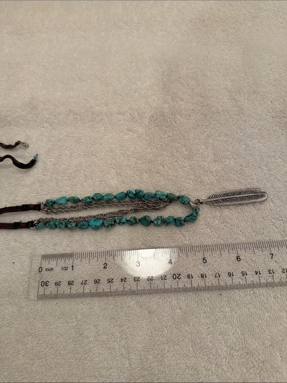 Turquoise Beaded Feather Pendant & Chain Necklace on Adjustable Leather - Picture 2 of 3